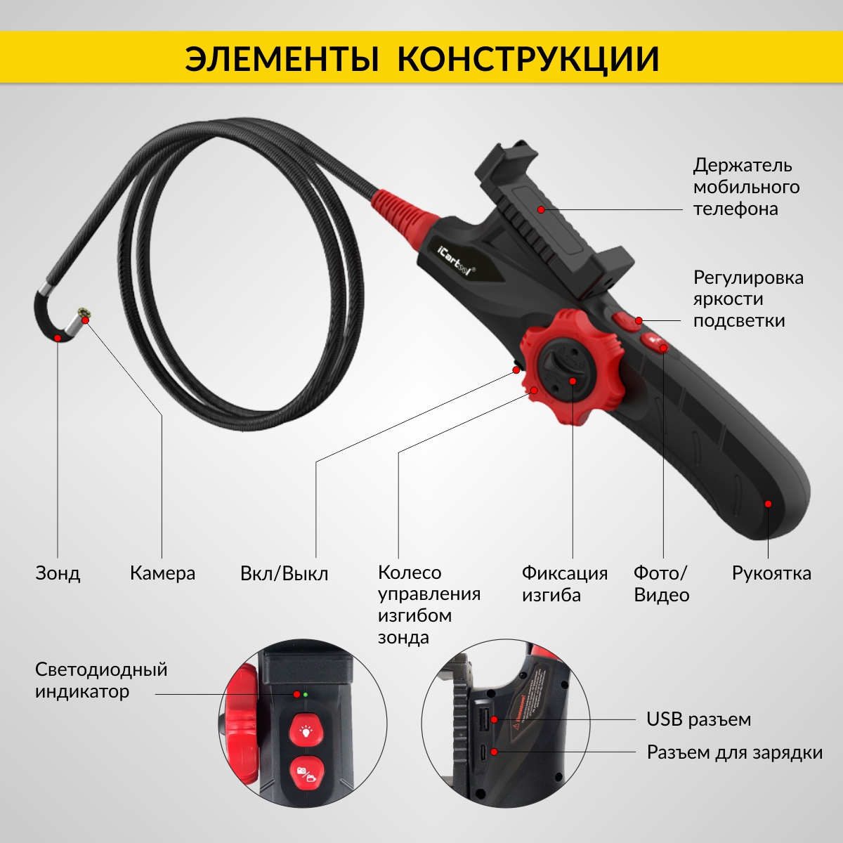 Видеоэндоскоп управляемый USB, 2Мп, 1920x1080, 1м, 6мм, 360° iCartool IC-V200