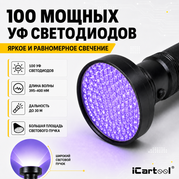 Фонарь ультрафиолетовый, 100 светодиодов iCartool IC-L202