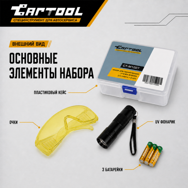 Набор для обнаружения утечек фреона, UV лампа + очки Car-Tool CT-M1027