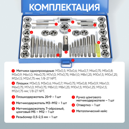 Набор метчиков и плашек 40 предметов М3-М12 метрическая резьба Car-Tool CT-W040