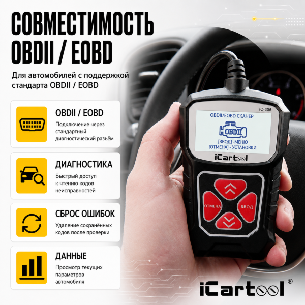 Портативный диагностический сканер по протоколу OBDII iCartool IC-305