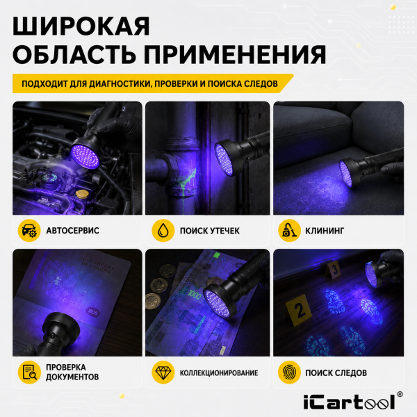 Фонарь ультрафиолетовый, 100 светодиодов iCartool IC-L202