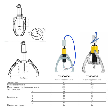 Съемник пневмогидравлический 20т Car-Tool CT-0020Q