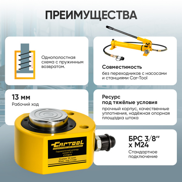 Гидравлический цилиндр низкий 30т. Car-Tool CT-T3013