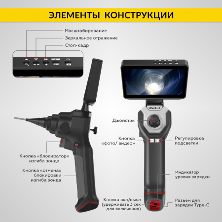Видеоэндоскоп управляемый, экран 4.5", 1Мп, 1280х720, 1м, 6мм зонд, всесторонняя артикуляция iCartool IC-VC106AW