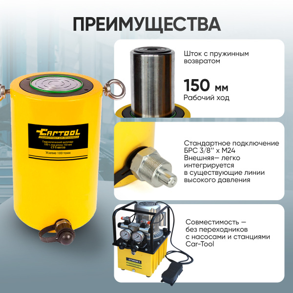 Гидравлический цилиндр 100т. ход штока 150 мм Car-Tool CT-T100150