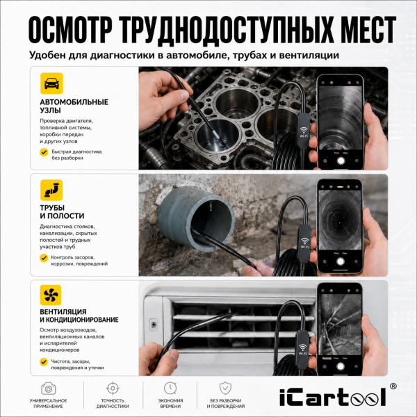 Видеоэндоскоп USB, 2Мп, 1920x1080, 3м, 7.9 мм зонд iCartool IC-V801