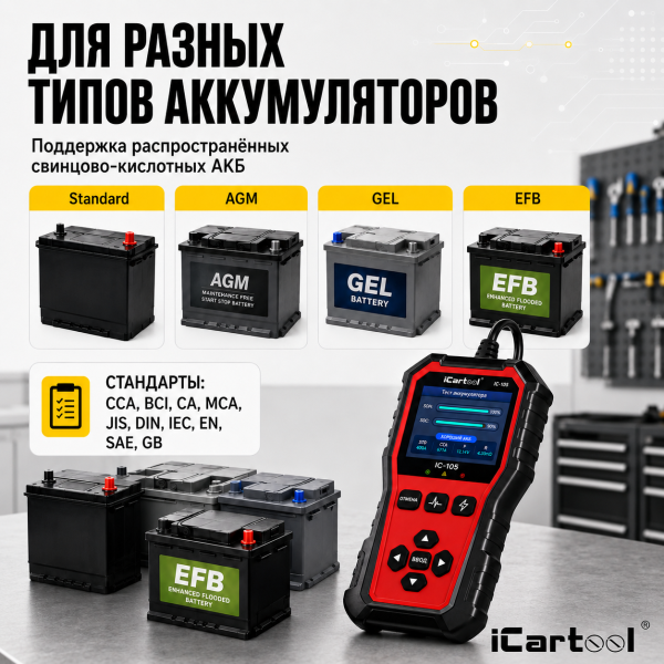 Тестер аккумуляторных батарей для авто и мототехники iCarTool IC-105