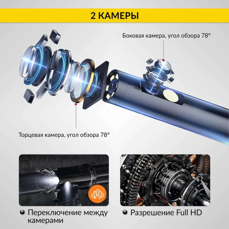 Видеоэндоскоп промышленный, экран 5", 2 камеры, 2Мп, 1920х1080, 3м, 5.5 мм сменный зонд iCartool IC-V116B-3