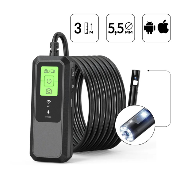Видеоэндоскоп Wi‑Fi с двумя камерами, зонд 5,5 мм, 3 метра iCartool IC‑V803‑3
